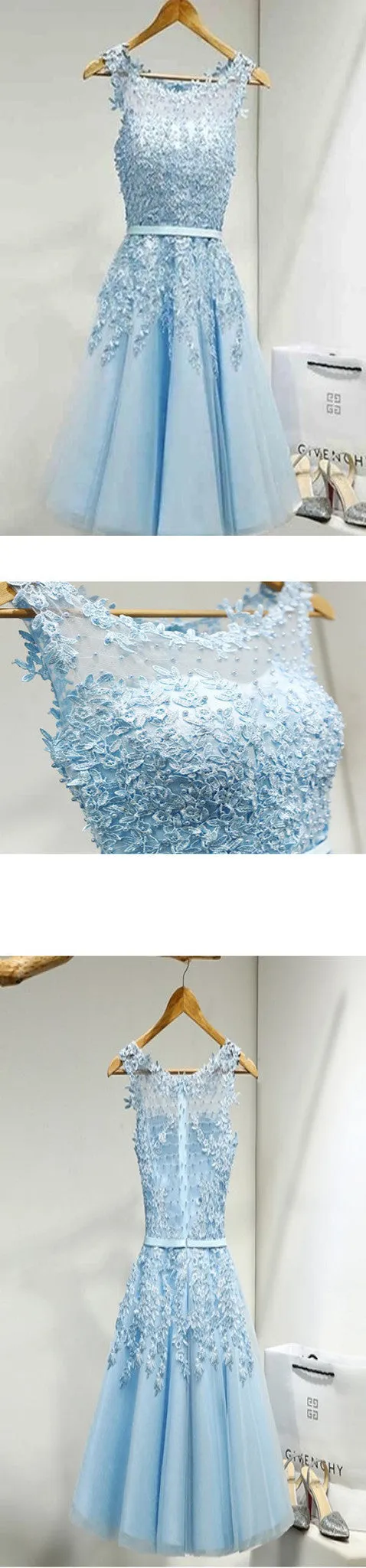 Blue Appliques Lace Lovely Knee Length Cheap Homecoming Dresses, BG51465