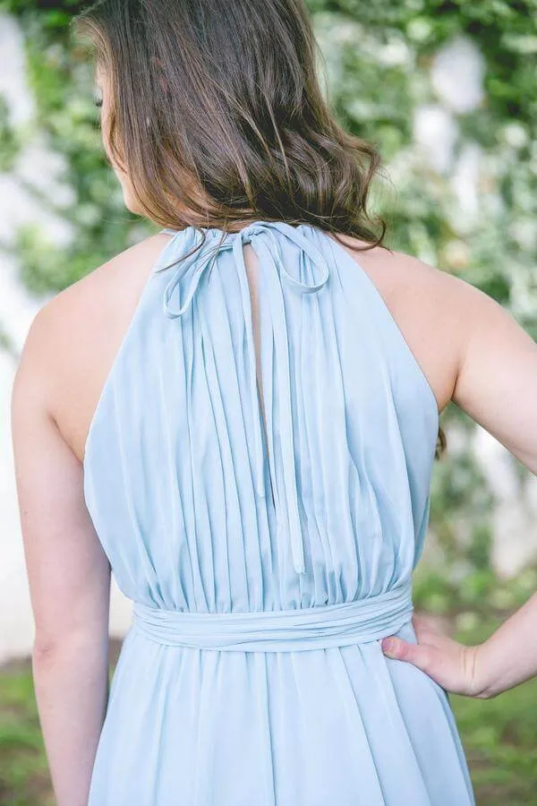 Blue Chiffon A-line Floor-length High Slit Long Bridesmaid Dresses, MBD211