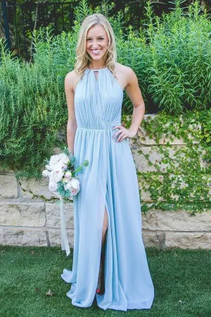 Blue Chiffon A-line Floor-length High Slit Long Bridesmaid Dresses, MBD211