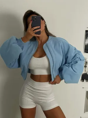 Blue Oversized Cropped Jacket with Zip Opening