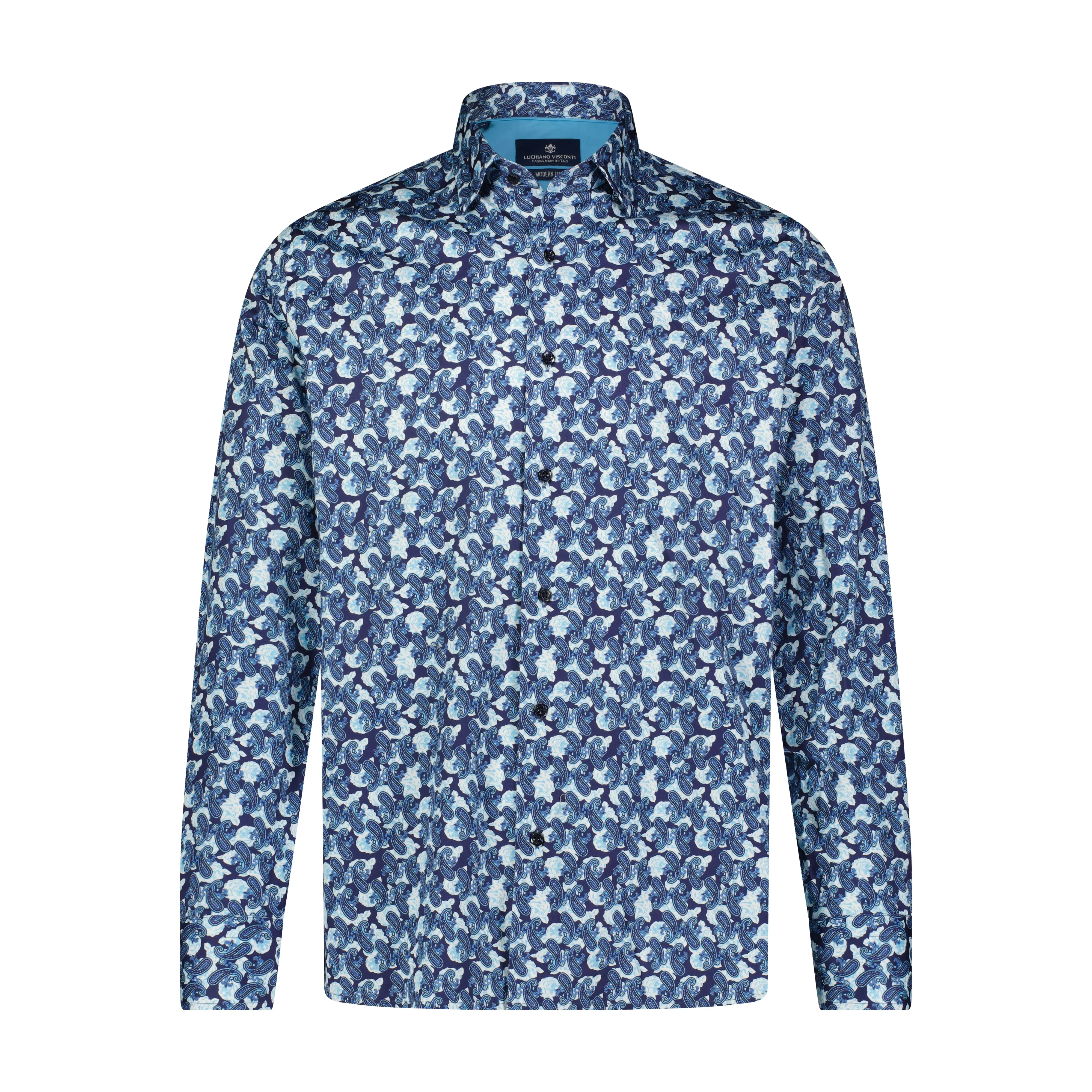 Blue, Teal, and Aqua Paisley Print Long Sleeve Shirt