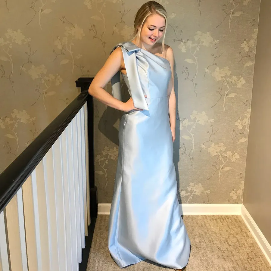 Bow One Shoulder Light Blue Satin Long Bridesmaid Dress