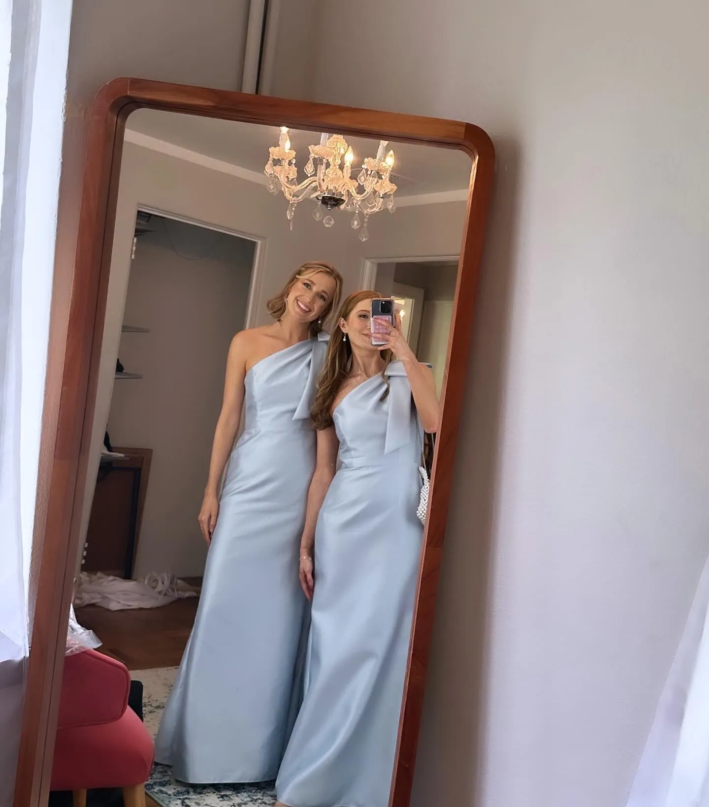 Bow One Shoulder Light Blue Satin Long Bridesmaid Dress