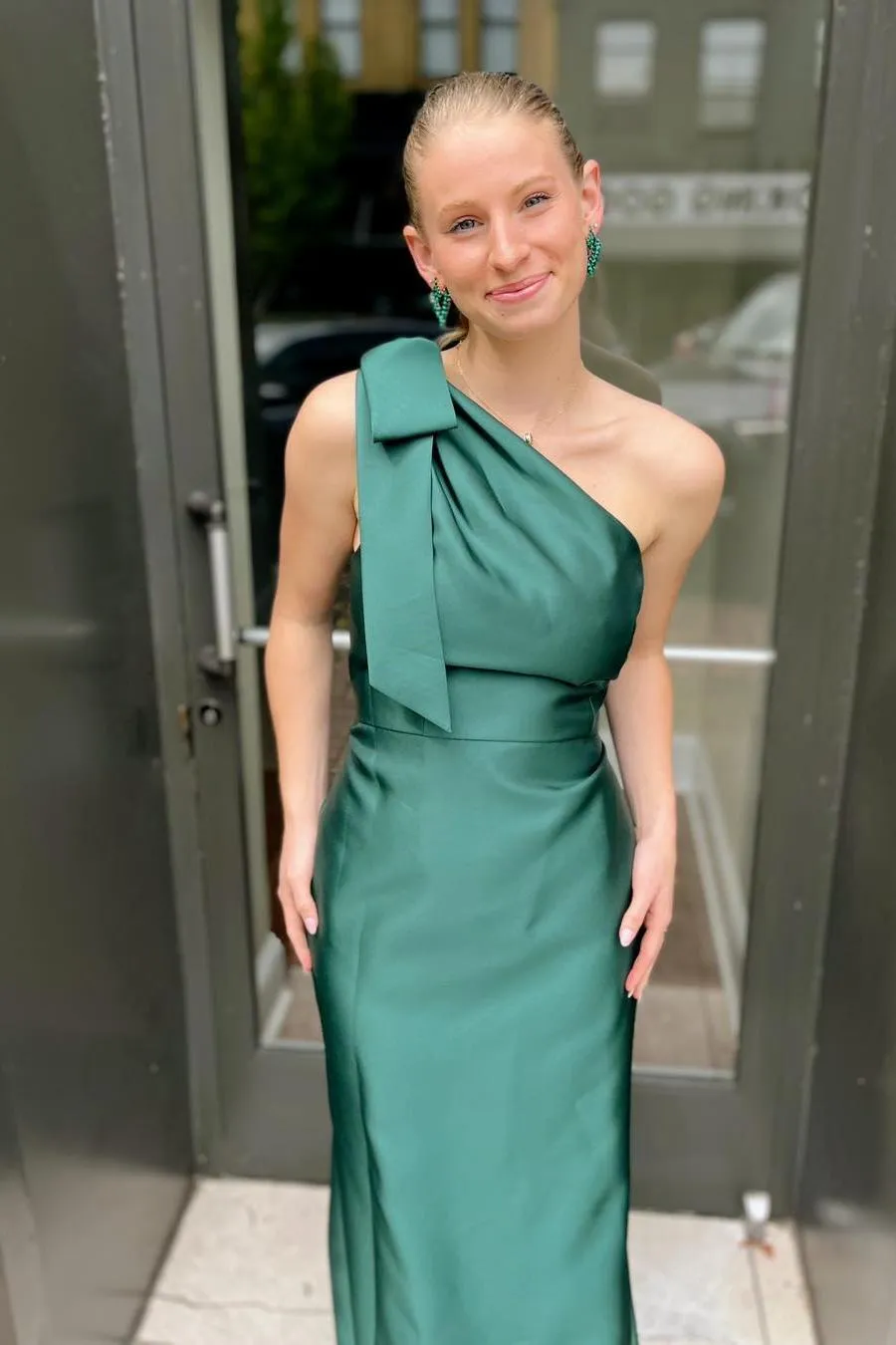Bow One Shoulder Light Blue Satin Long Bridesmaid Dress