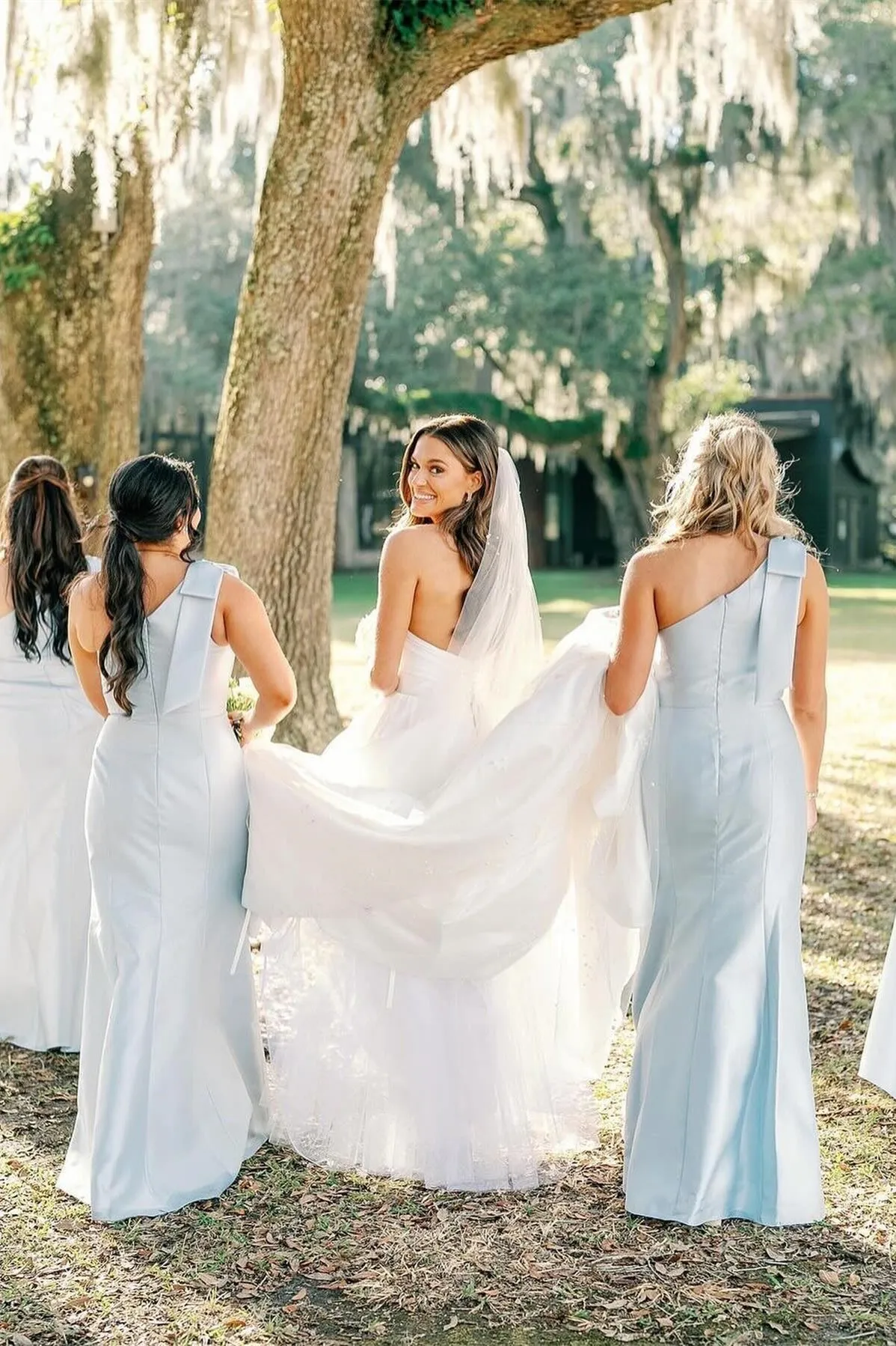 Bow One Shoulder Light Blue Satin Long Bridesmaid Dress