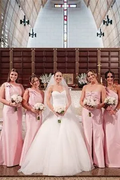 Bow One Shoulder Light Blue Satin Long Bridesmaid Dress