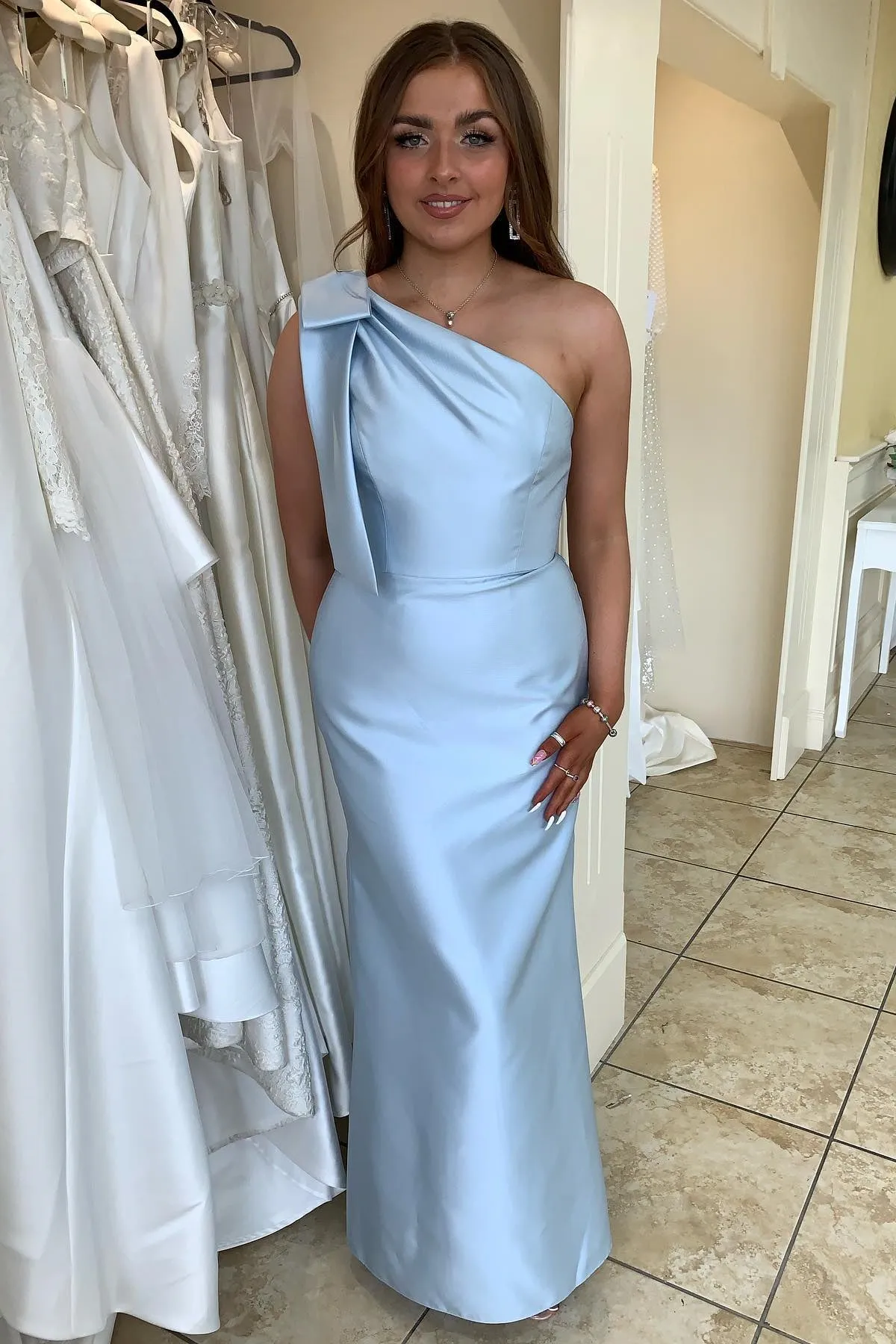 Bow One Shoulder Light Blue Satin Long Bridesmaid Dress