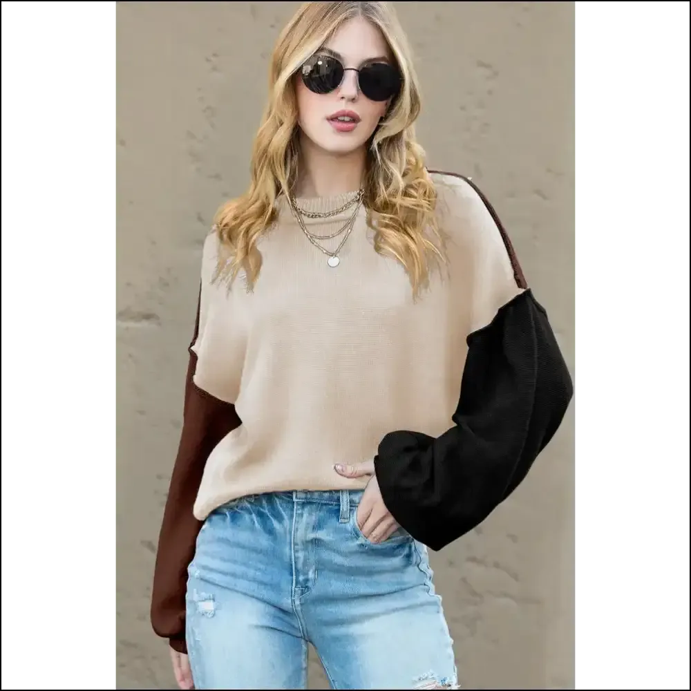 Brown Colorblock Bishop Sleeve Sweater: Cozy  ☕