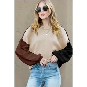 Brown Colorblock Bishop Sleeve Sweater: Cozy  ☕