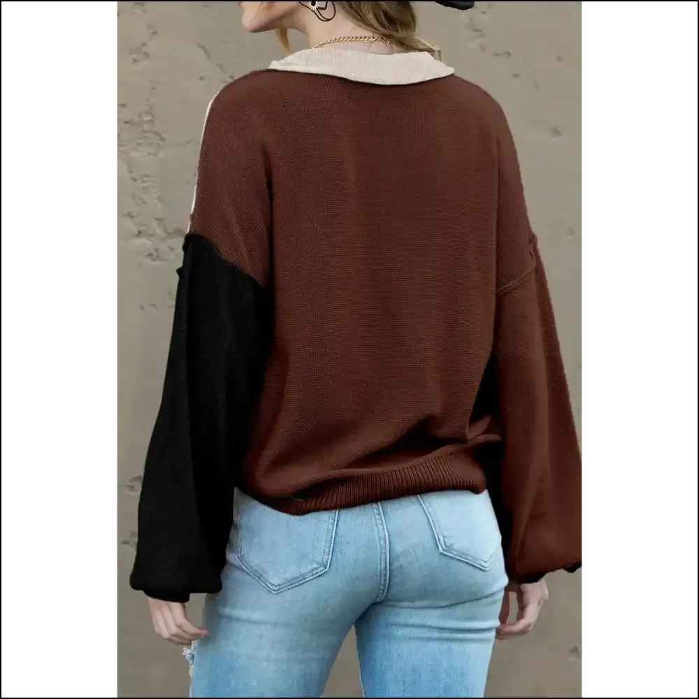 Brown Colorblock Bishop Sleeve Sweater: Cozy  ☕