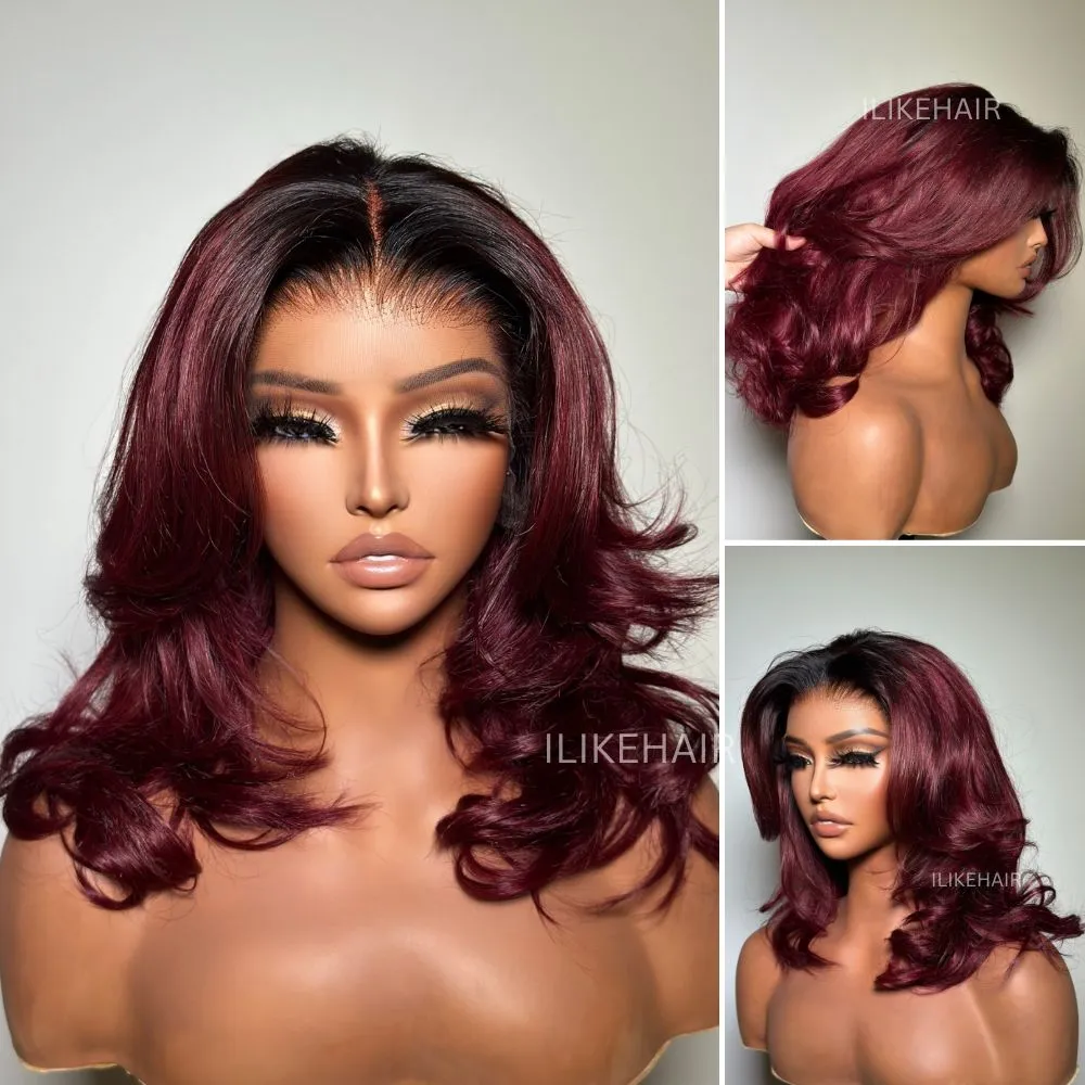 Burgundy Ombre Layered Cut Wavy 13x4 Lace Front Wig