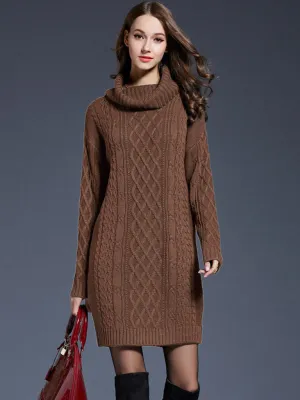 Cable Knit Turtleneck Sweater Dress with Long Sleeves