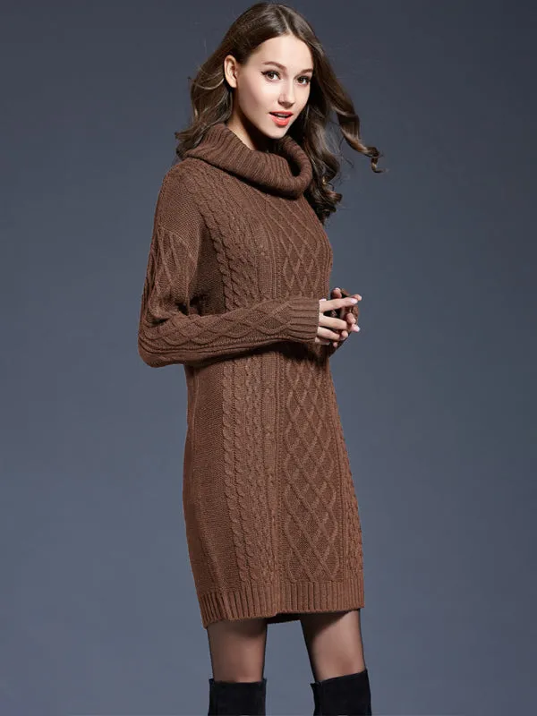 Cable Knit Turtleneck Sweater Dress with Long Sleeves
