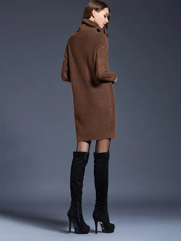 Cable Knit Turtleneck Sweater Dress with Long Sleeves