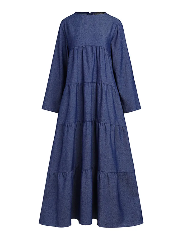 Casual Layered Pleats Denim Loose Muslim Pockets Women Maxi Dress