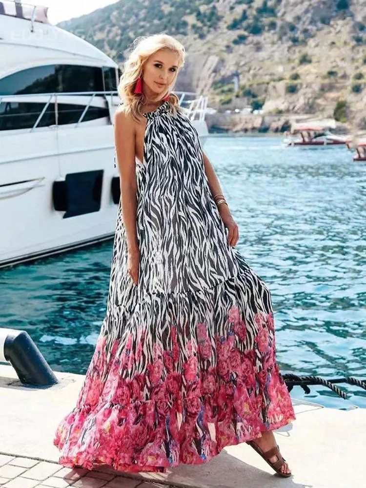 Casual Printed Loose Large Hem Dress Sexy Sleeveless Lady Beach Maxi Dress  Summer Fashion Elegant Dresses A1080