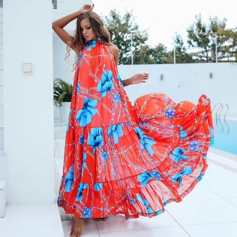 Casual Printed Loose Large Hem Dress Sexy Sleeveless Lady Beach Maxi Dress  Summer Fashion Elegant Dresses A1080
