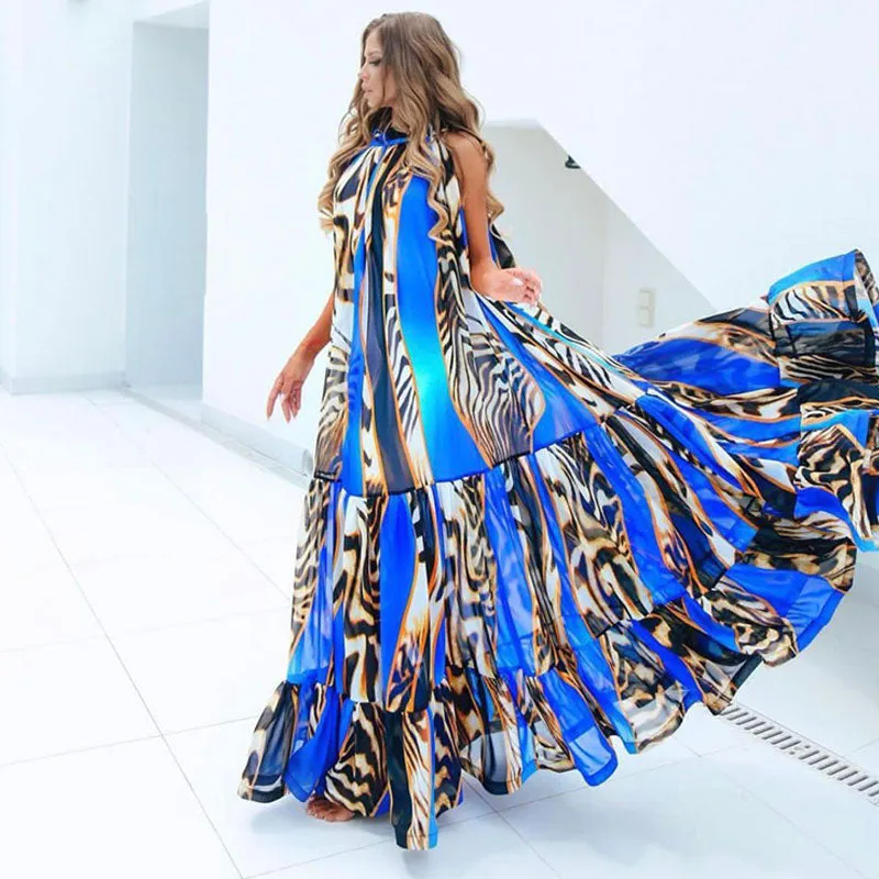 Casual Printed Loose Large Hem Dress Sexy Sleeveless Lady Beach Maxi Dress  Summer Fashion Elegant Dresses A1080