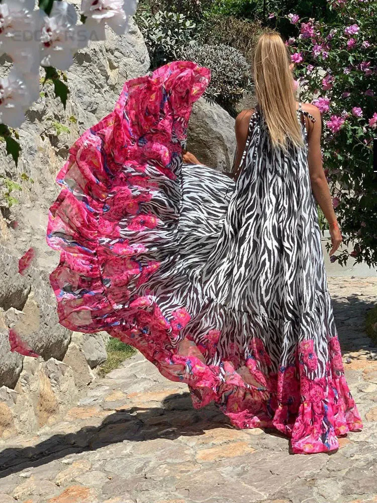 Casual Printed Loose Large Hem Dress Sexy Sleeveless Lady Beach Maxi Dress  Summer Fashion Elegant Dresses A1080
