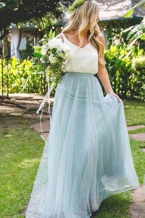 Cheap Light Blue Tulle Two Pieces V-neck Long Bridesmaid Dresses, MBD147