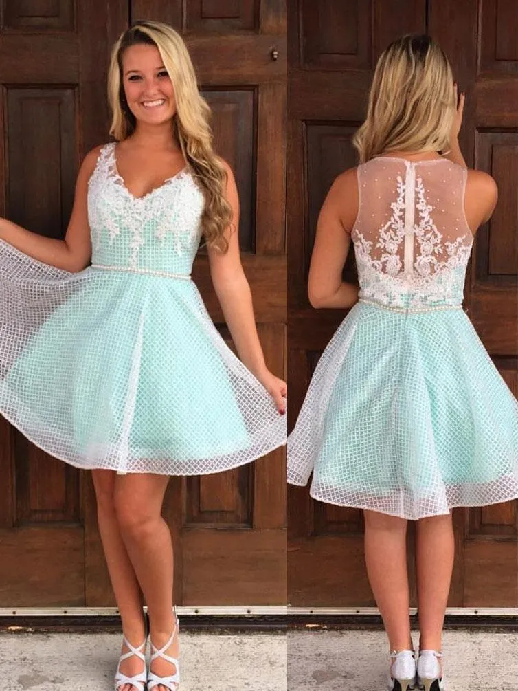 Cheap Simple Cute V Neck Mint Homecoming Dresses, CM494