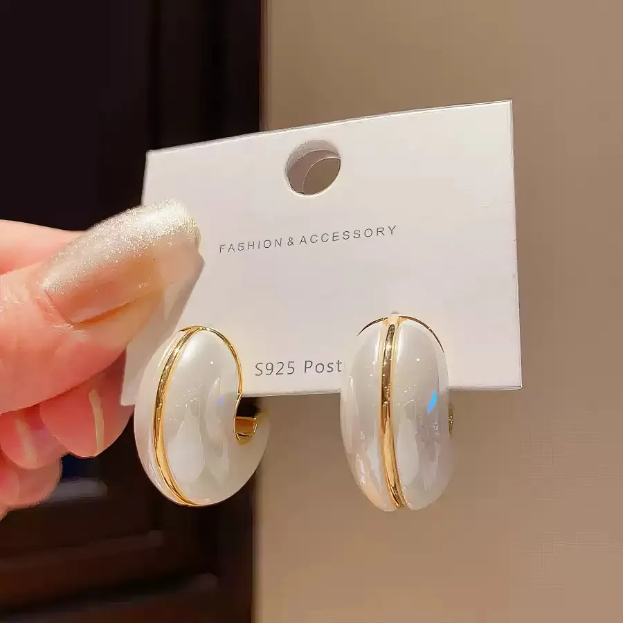 Chic Small White Enamel Hoop Earrings with Delicate Gold Tone Edging