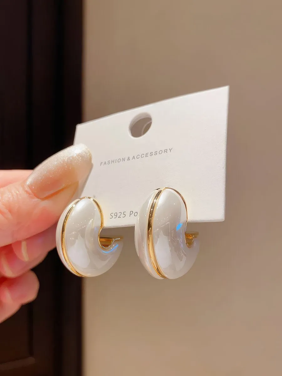 Chic Small White Enamel Hoop Earrings with Delicate Gold Tone Edging