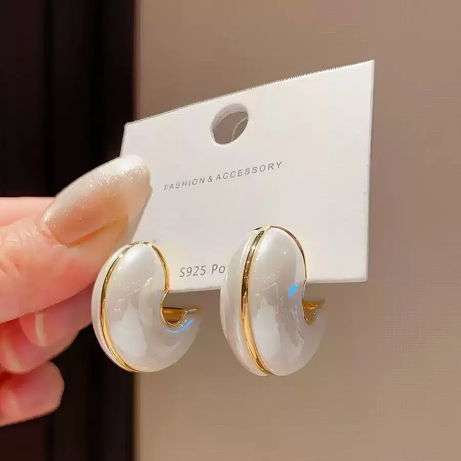 Chic Small White Enamel Hoop Earrings with Delicate Gold Tone Edging