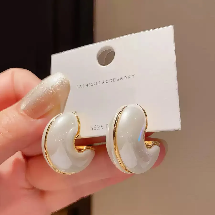 Chic Small White Enamel Hoop Earrings with Delicate Gold Tone Edging