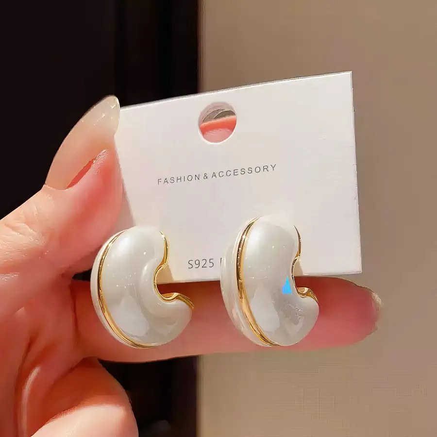 Chic Small White Enamel Hoop Earrings with Delicate Gold Tone Edging