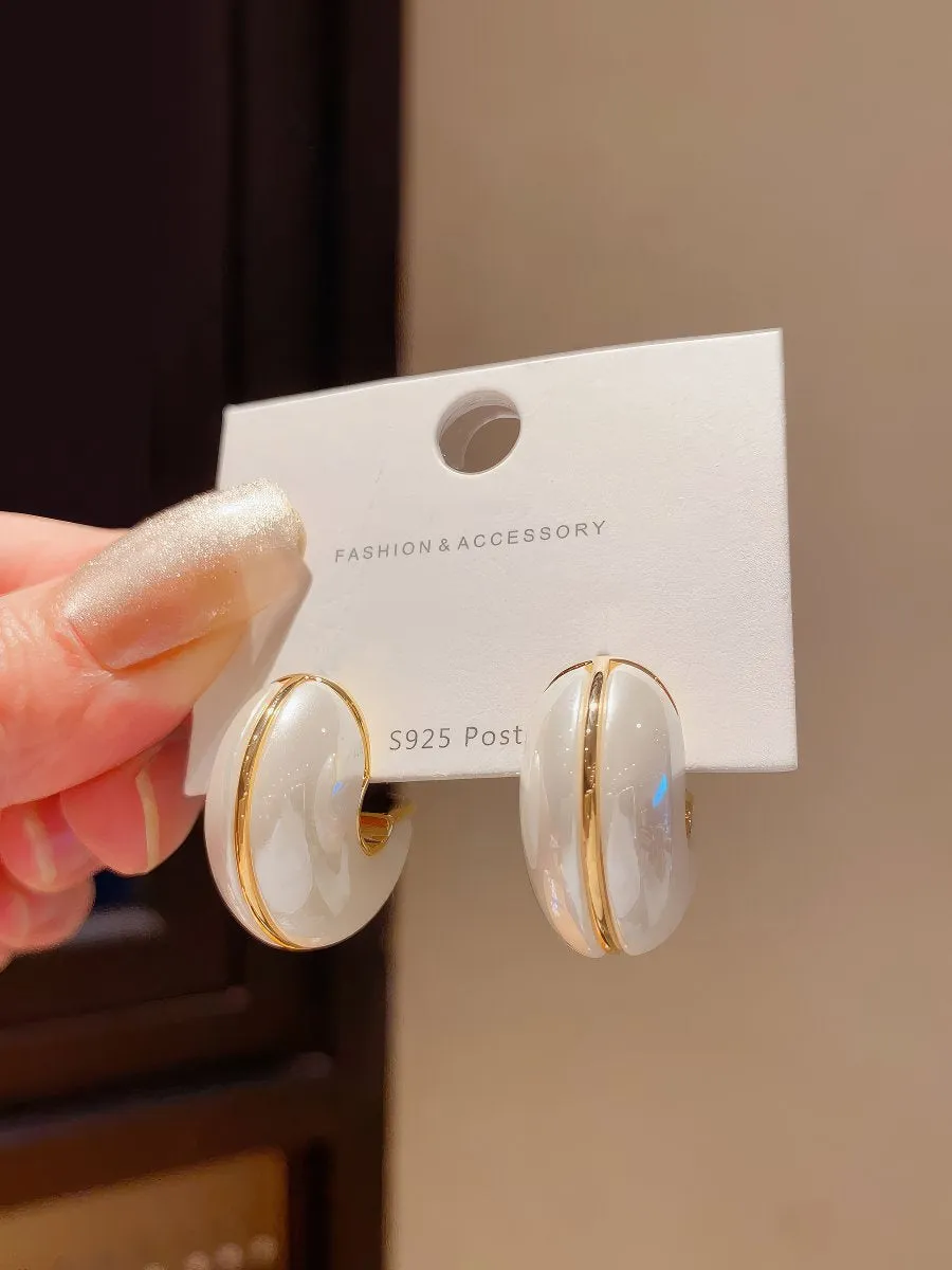 Chic Small White Enamel Hoop Earrings with Delicate Gold Tone Edging