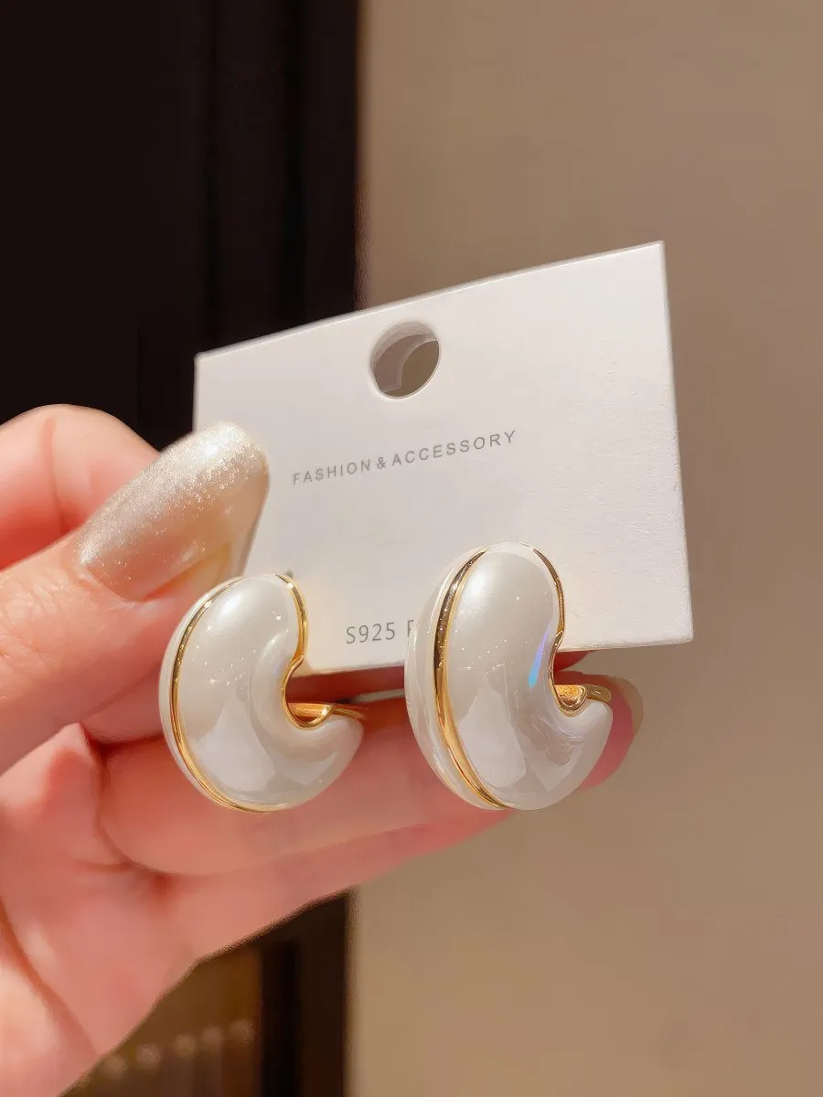 Chic Small White Enamel Hoop Earrings with Delicate Gold Tone Edging