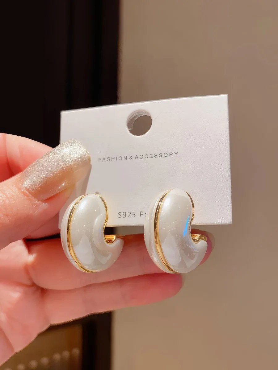 Chic Small White Enamel Hoop Earrings with Delicate Gold Tone Edging