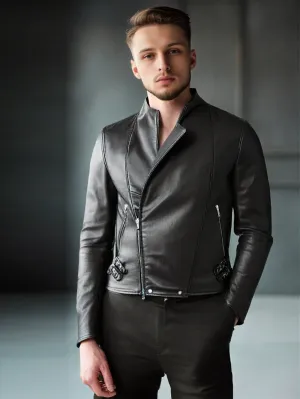Chic Strap Detail Genuine Leather Jacket for Men
