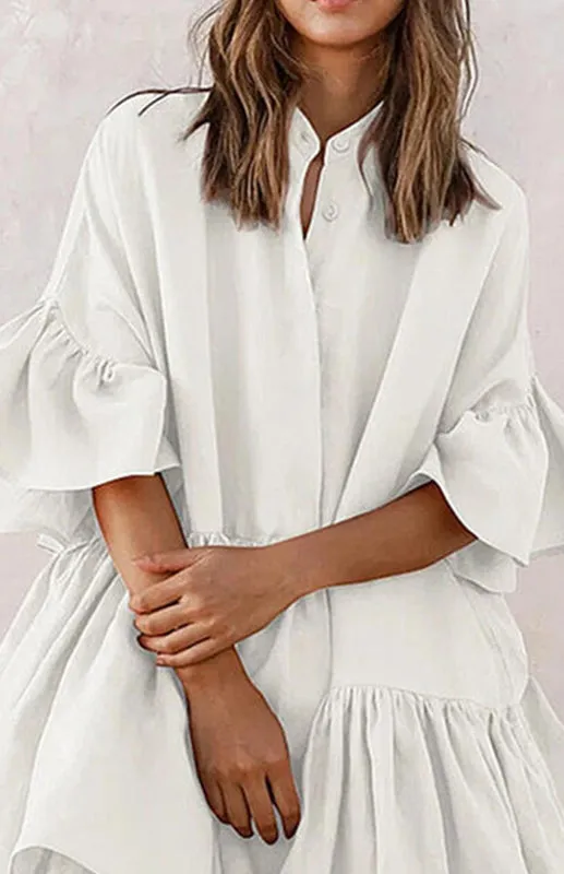 Chiffon Dress with Ruffled Sleeves and Asymmetrical Hemline