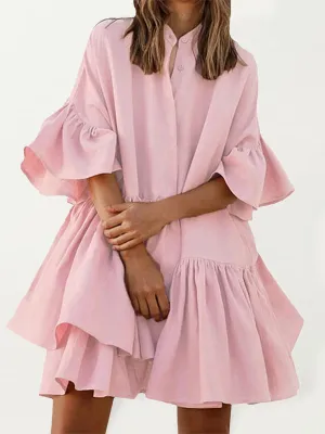 Chiffon Dress with Ruffled Sleeves and Asymmetrical Hemline