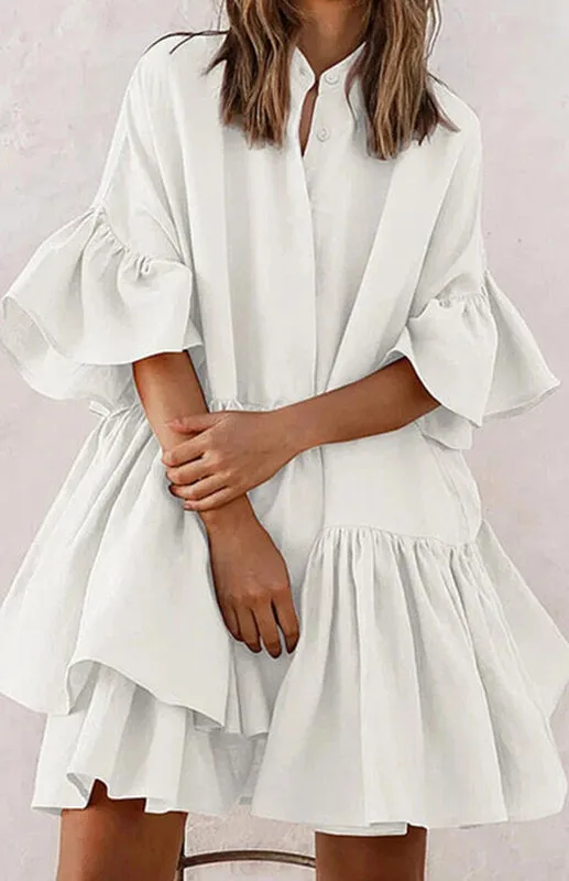 Chiffon Dress with Ruffled Sleeves and Asymmetrical Hemline