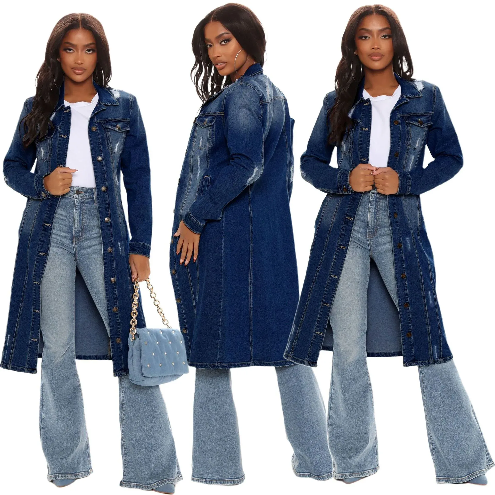 CityStride Distressed Longline Button-Up Denim Duster Jacket
