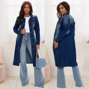 CityStride Distressed Longline Button-Up Denim Duster Jacket