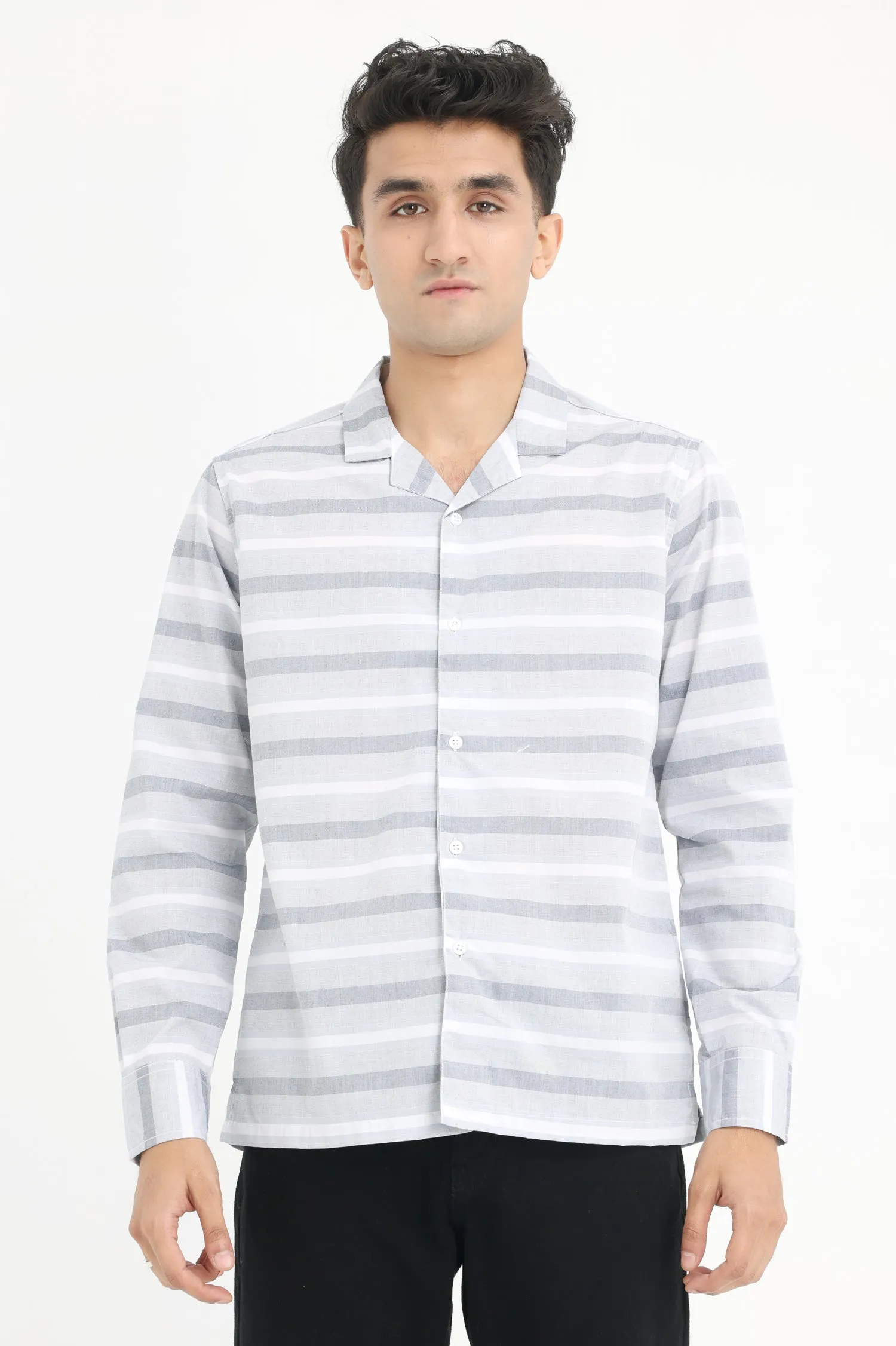CLASSIC STRIPE BUTTON-UP SHIRT-GREY-WHITE