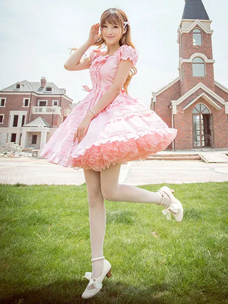 Classical Lolita Dress Layered Ruffles Lolita Dress Short Sleeves Lolita Op Dress With Bows