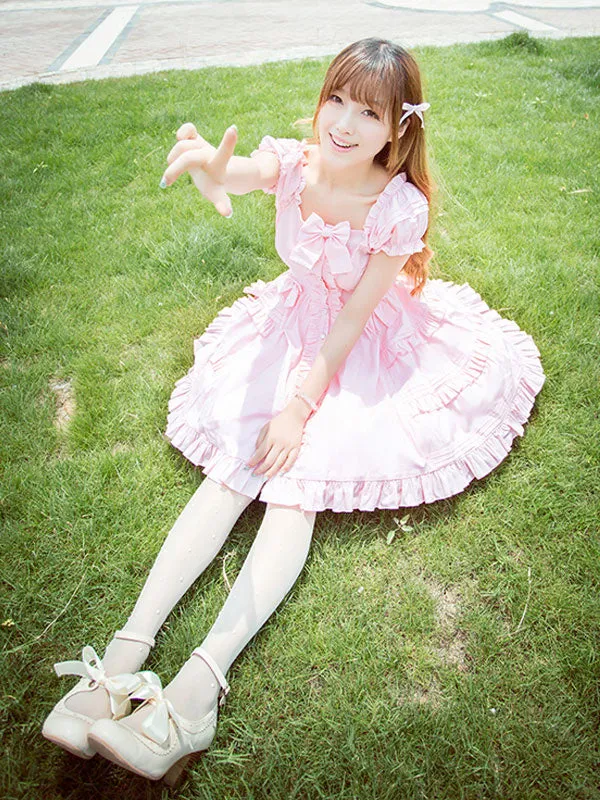 Classical Lolita Dress Layered Ruffles Lolita Dress Short Sleeves Lolita Op Dress With Bows