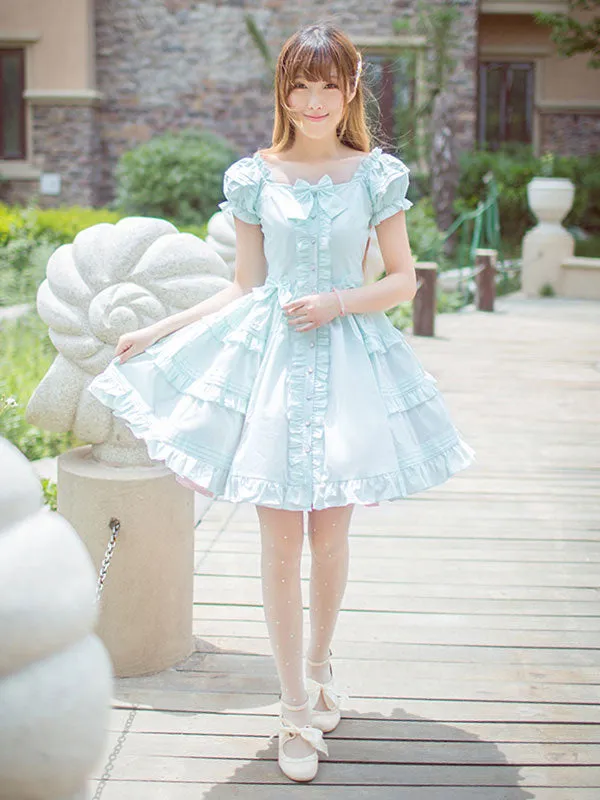 Classical Lolita Dress Layered Ruffles Lolita Dress Short Sleeves Lolita Op Dress With Bows