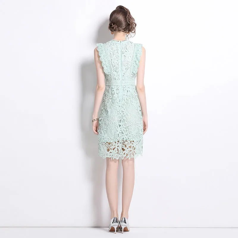 CM-DY015807 Women Elegant European Style Round Neck Sleeveless Lace Midi Dress - Light Green