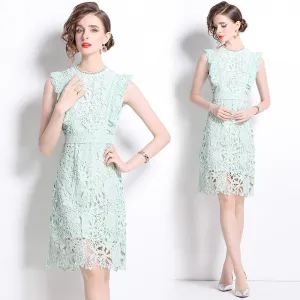 CM-DY015807 Women Elegant European Style Round Neck Sleeveless Lace Midi Dress - Light Green