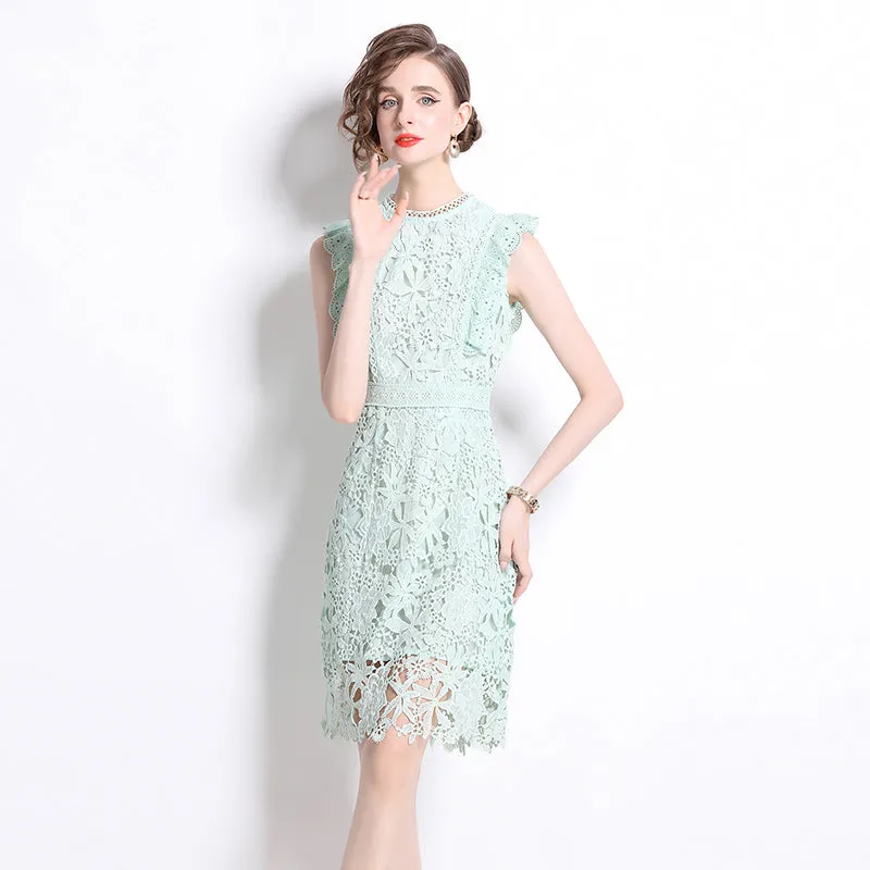CM-DY015807 Women Elegant European Style Round Neck Sleeveless Lace Midi Dress - Light Green