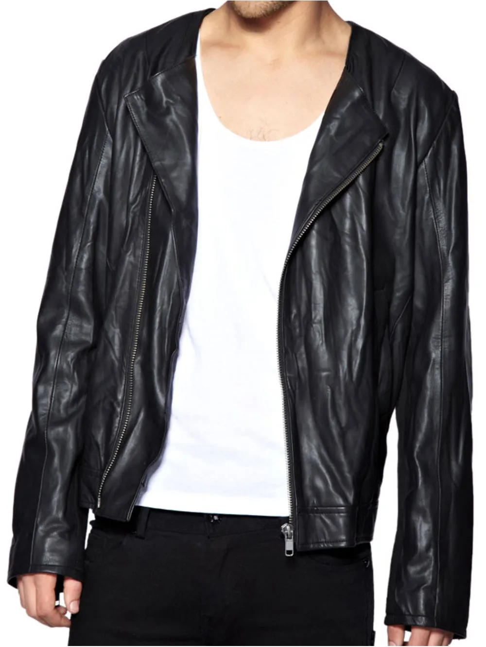 Collarless Chic Leather Jacket