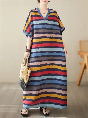 Colorful Stripes V Neck Vacation Long Dress for Women