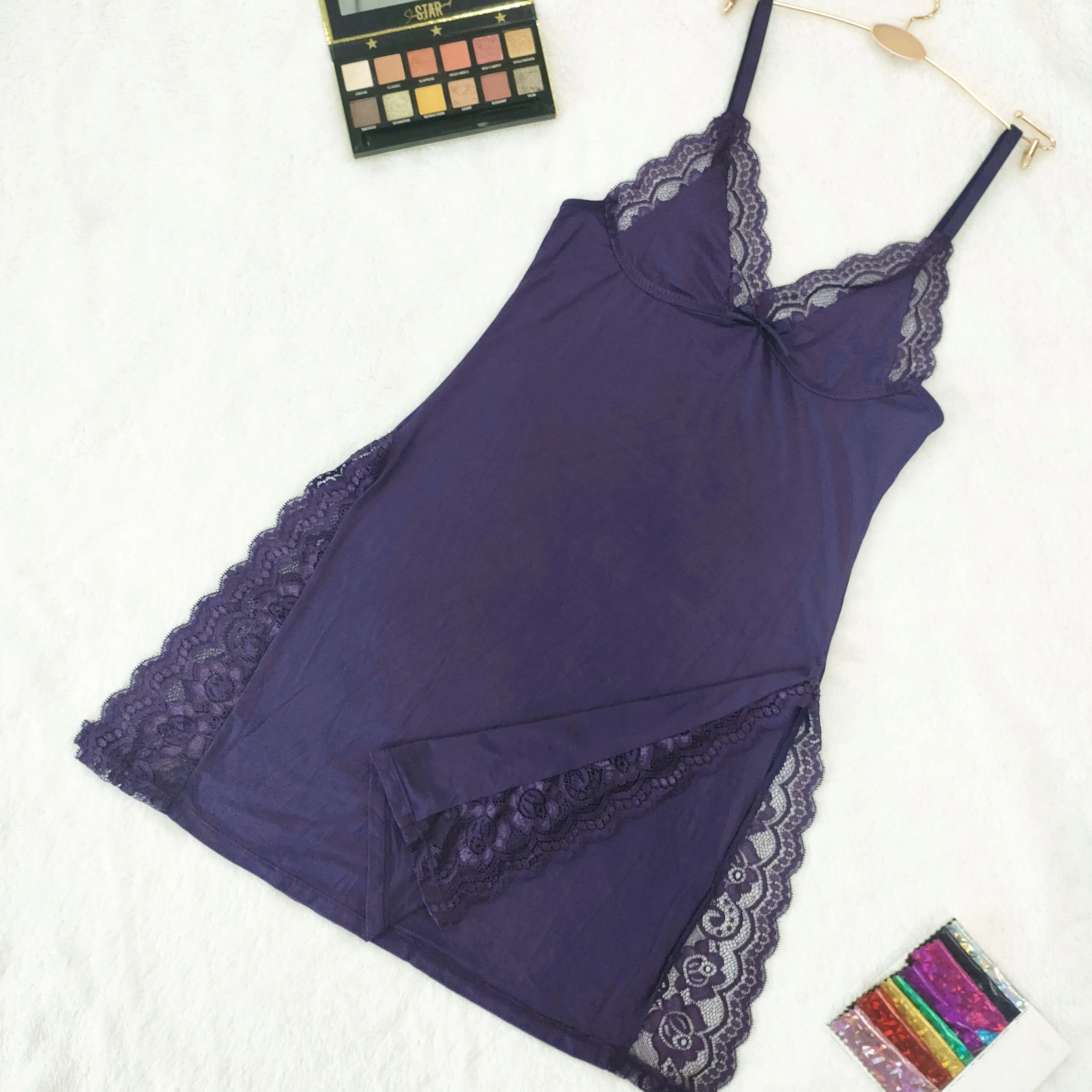 Contrast Lace Slip Lounge Dresses for Women - V Neck, Side Split, Ideal for Home & Loungewear
