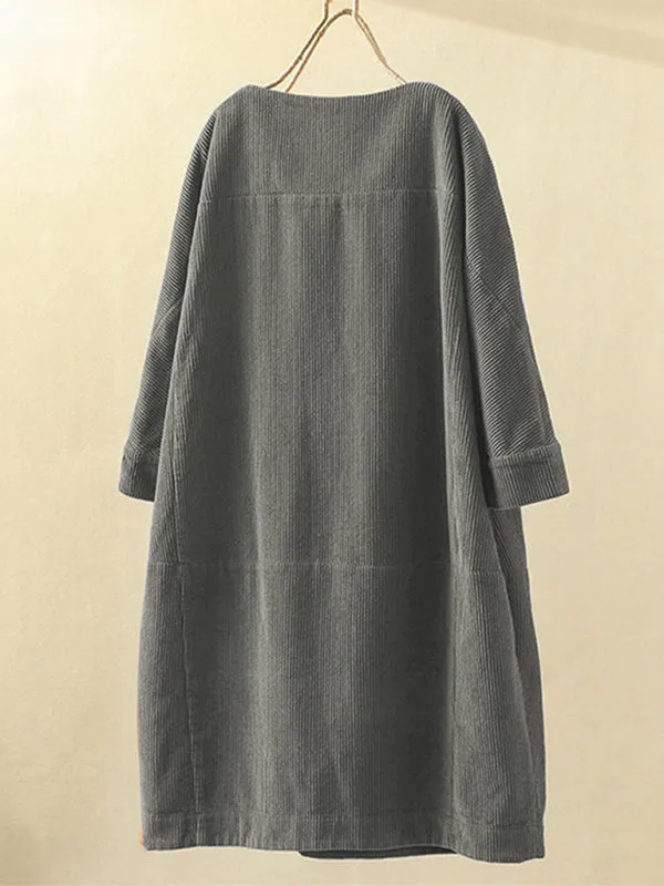 Corduroy Retro Dress with Pockets and Three-Quarter Sleeves